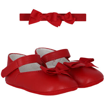 طقم بنات حذاء ما قبل المشي بفيونكة باللون الأحمر